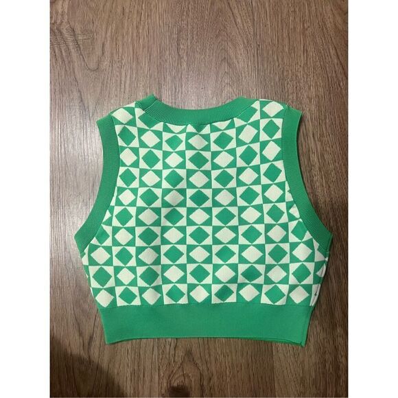 Zara sweater vest diamond pattern green &white Crop Top Size S - Picture 6 of 7